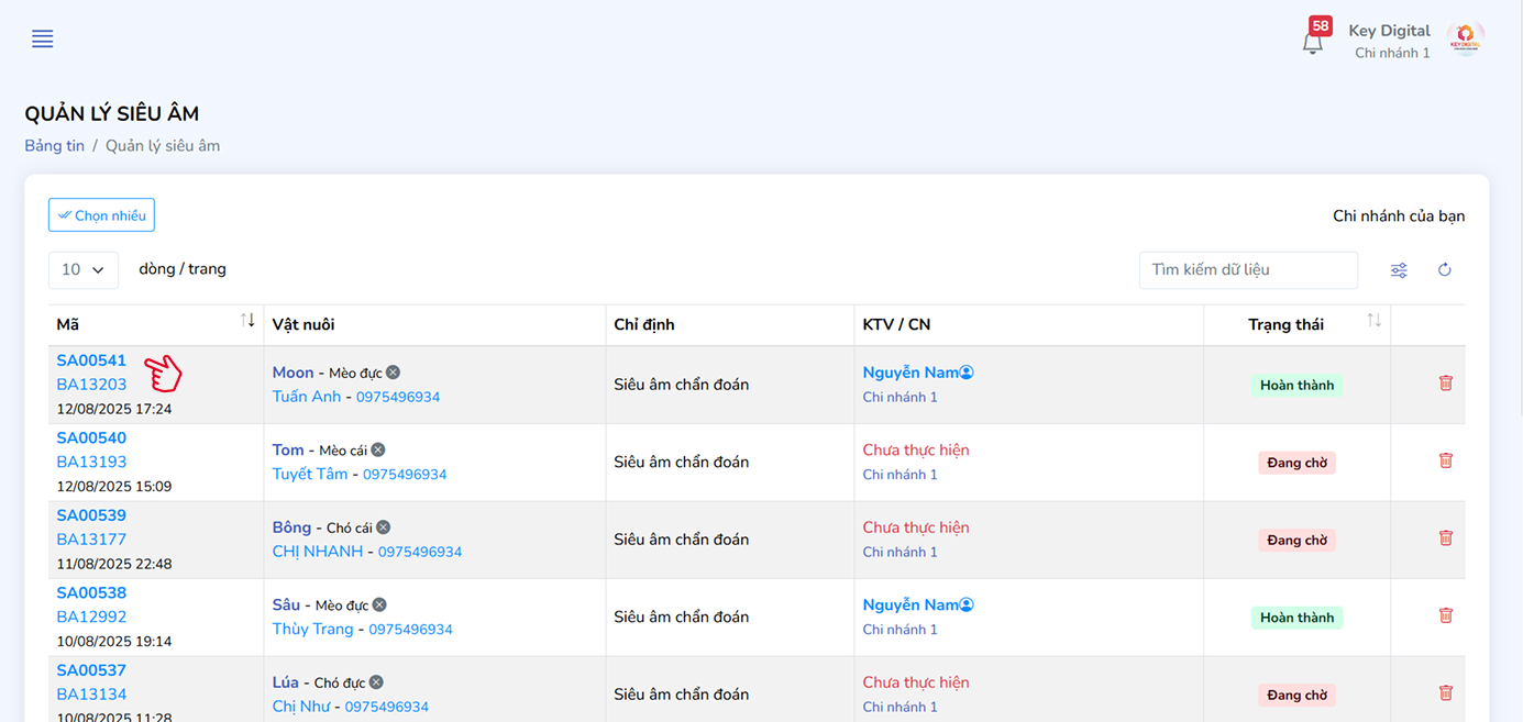 Bảng quản lý phiếu siêu âm