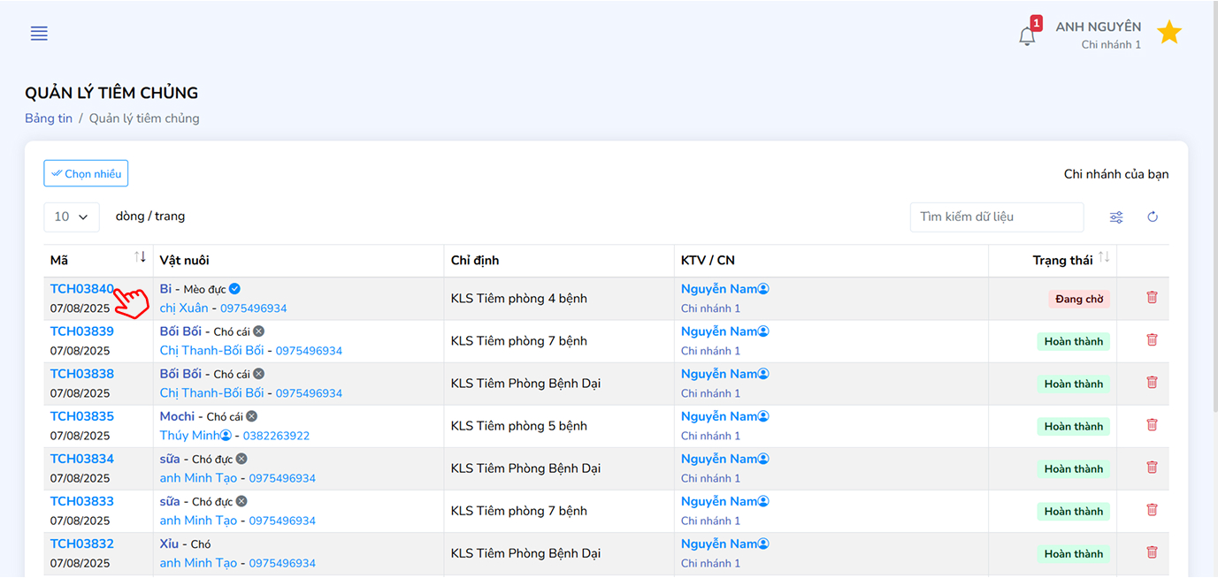 Danh sách phiếu tiêm chủng
