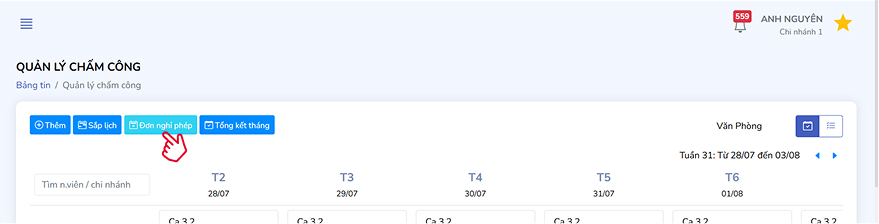 Truy cập danh sách đơn nghỉ phép