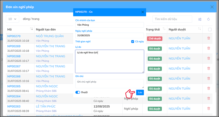 Thực hiện duyệt đơn nghỉ
