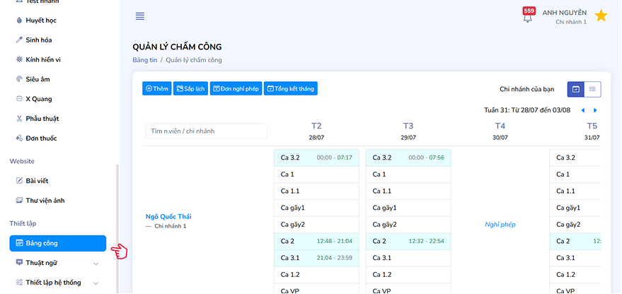 Giao diện bảng chấm công theo tuần