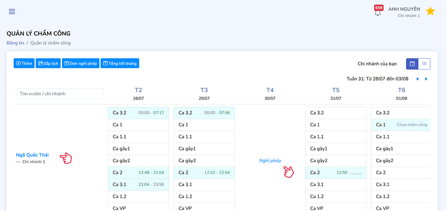 Chi tiết ca trực và nghỉ phép
