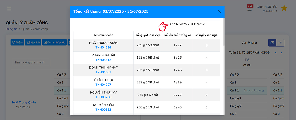 Bảng tổng kết tháng chi tiết