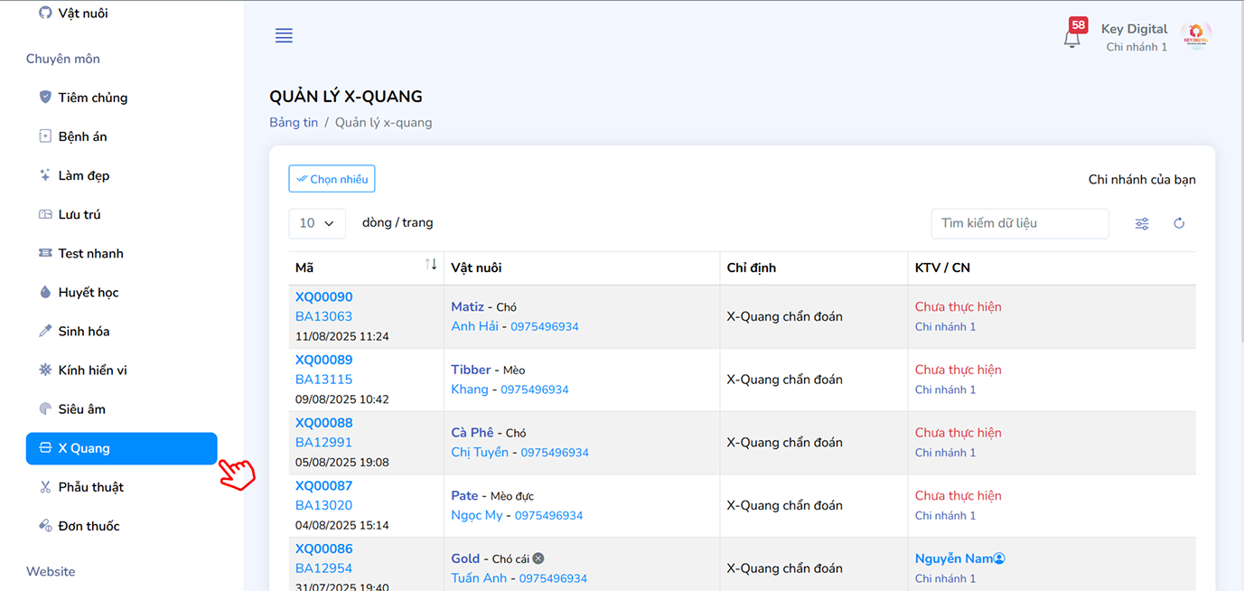 Truy cập danh sách phiếu X-Quang