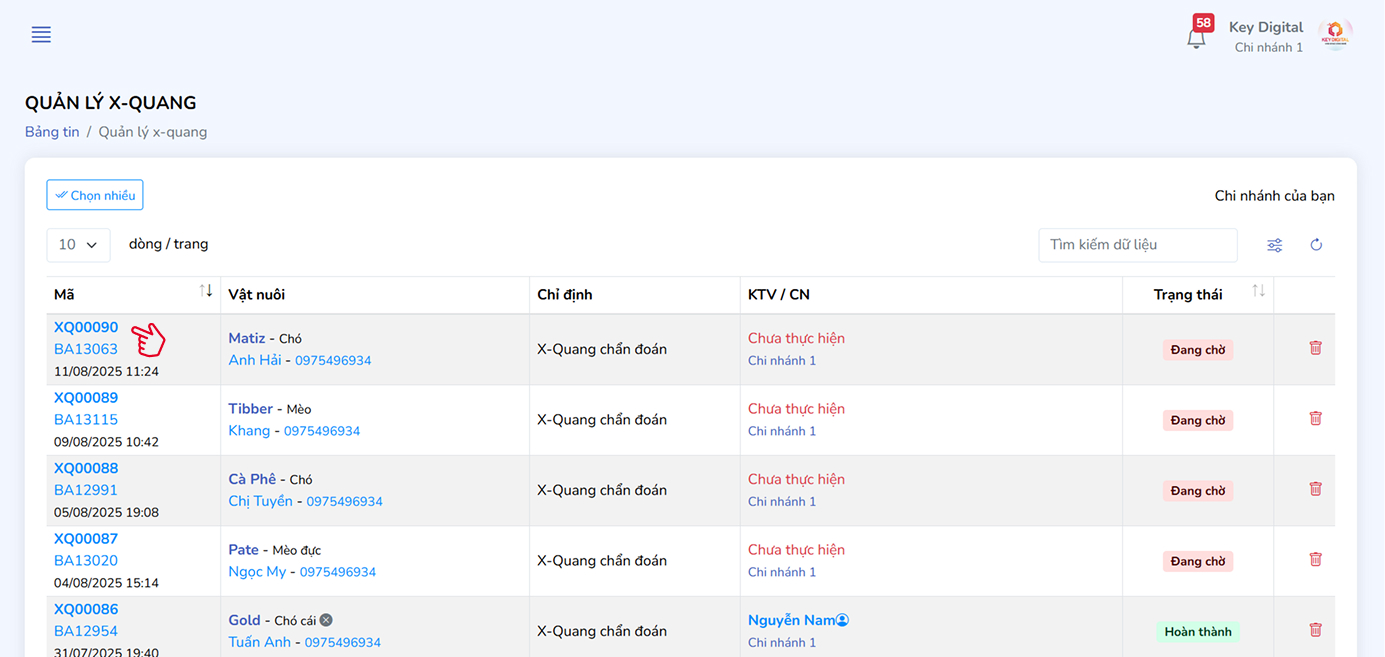 Bảng quản lý phiếu X-Quang